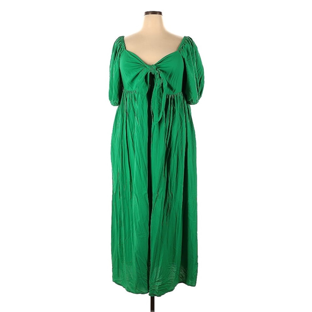 Eloquii | Green Front Tie Bow Short Sleeve Dress with Pockets